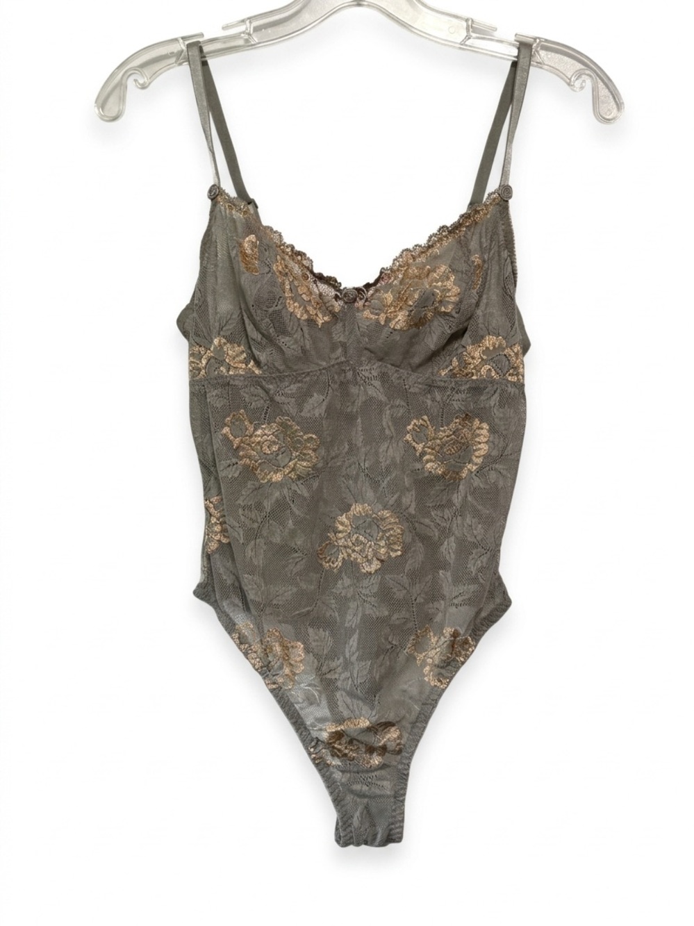 Vtg Y2K Victoria Secret Lace Bodysuit Teddy Embroidered Gold Slate Gray M
